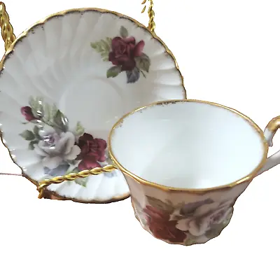 Buy Vintage Royal Sutherland HM Fine Bone China Cup & Saucer Red & White Rose W Gold • 12.29£