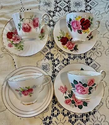 Buy SET Of 4 Mismatch English Bone China Tea Cups & Saucers QUEEN ANNE- Clare-Nelson • 33.63£