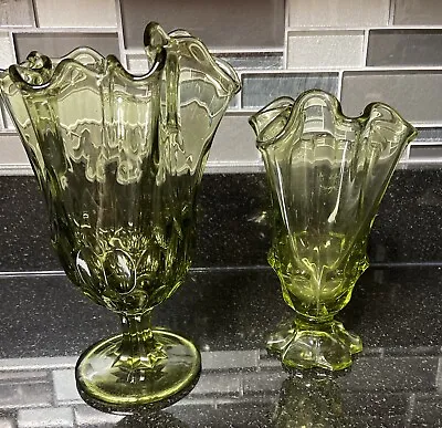 Buy Antique Fenton Valencia Green Glass Swung/Ruffled/Pinched Glass Set Of 2 • 28.50£