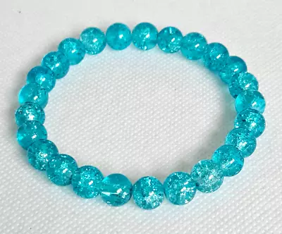 Buy Elasticated Turquoise Blue Crackle Glass Round Bead Bracelet – NEW • 2.75£