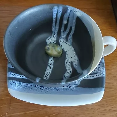 Buy Quirky Fun Studio Pottery Black White Grey Frog In Cup And Saucer • 12.50£