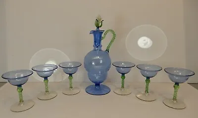 Buy Liquor Set Carafe 6 Bowls USCHA Bimini White Blue Green Flower Around 1945 • 156.86£