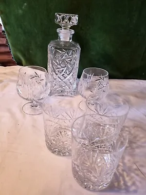 Buy Vintage Heavy Cut Glass Decanter & Two Whisky / Brandy Glasses + Three  Tumblers • 42£