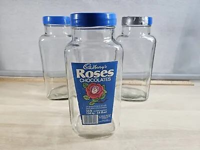 Buy 3x Vintage Large Glass Cadburys Roses Sweet Jars Rose Original Sticker & Lids • 34.99£