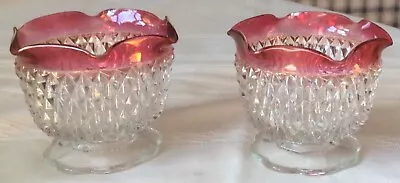 Buy Vintage Pair Indiana Glass Ruby Flash Diamond Point Candle Holders Candlesticks • 28.45£