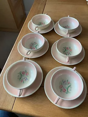 Buy Susie Cooper Pink Dresden Pattern Two-Handled Soup Bowl And Plate, Set Of Six. • 50£