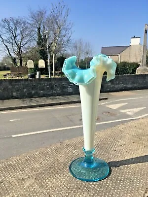 Buy Antique 19th C Victorian Blue Milk Vaseline Glass Opalescent Ruffled Bud Vase  • 65£