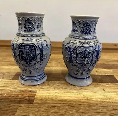Buy Vintage Salt Glaze Pair Small Vase Gerz Westerwald German Pottery Coat Of Arms • 15£