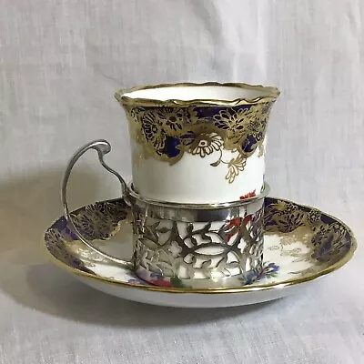 Buy 1973 Solid Silver Cup Holder With Hammersley Fine China Cup & Saucer #1 • 95£