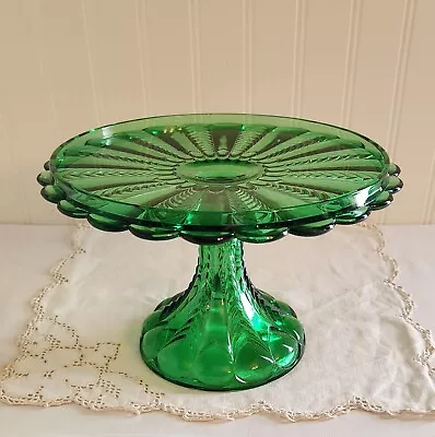 Buy Antique U.s. Glass Cake Stand Plate Eapg Emerald Green Herringbone Florida C1898 • 132.82£