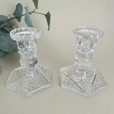 Buy Vintage Candlesticks Pair Clear Glass Hexagon Coquette Vanity Candle Holders • 14£