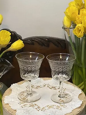 Buy 🍸Couple Of Antique Engraved Cut Glass Sherry Liquor Glasses 6,5cm X 10,3cm • 11.95£