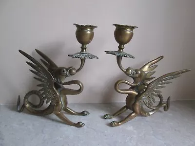 Buy Antique Brass Griffin Candlesticks Glass Eyes C.1900 • 65£