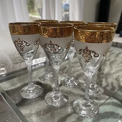 Buy Vintage Set Of 6 Gold Scroll Overlay Sherry Wine Water Crystal Glasses ITALY EUC • 43.21£