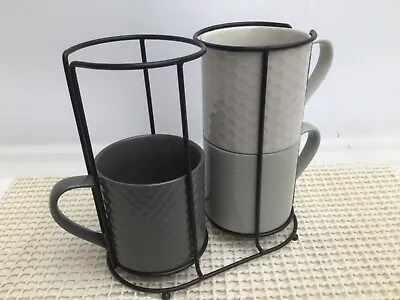 Buy M&S  Marks & Spencer’s Home Fine China Mugs Stackable Grey X 3 & Rack Spares • 14.99£