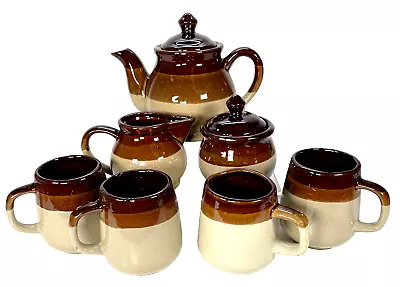 Buy Vintage Brown Stoneware Tea Set Sugar Creamer Mugs Tri-Color Bands Taiwan • 56.90£