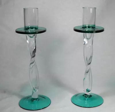 Buy Pair Of Vintage Art Glass  Candlesticks Candle Holders Turquoise / Green & Clear • 35£