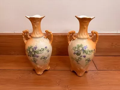Buy Pair Of Austrian Porcelain Hand Painted Twin Handled Antique Vases • 45£