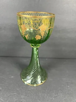 Buy Antique Moser Green Gold Grape Leaf Enamel Bohemian Art Glass Wine Stem Goblet • 34.10£