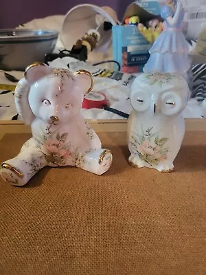 Buy Fenton Bone China Company English Teddy Bear & Owl Flowel Gold Trim Figurines • 20£