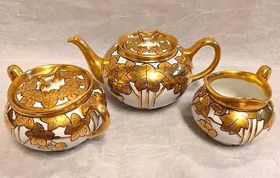 Buy Rare Antique Artist Signed White's Art Co Handpainted Gold Grapevine Tea Set • 236.23£