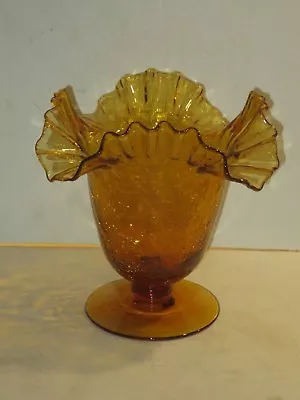 Buy Vintage Blenko Citrine Yellow Gold Ruffled Crackle Glass Footed Vase • 42.48£