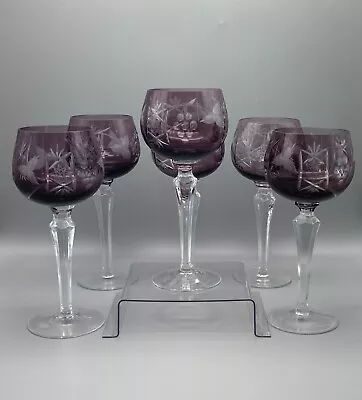 Buy 6 Bohemian Purple Cut To Clear Crystal Balloon Hock Wine Glasses 8 H • 131.50£