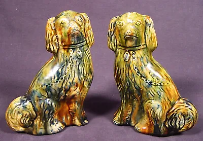 Buy VERY RARE 1800s PAIR Of BLUE GREEN MULTIGLAZE SEATED SPANIELS YELLOW WARE MINT • 1,157.04£