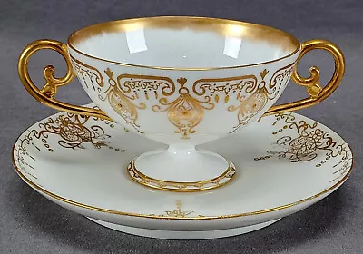 Buy Limoges Beaded Gold Floral Scrollwork Pedestal Sherbet Cup & Saucer C. 1890s • 81.52£