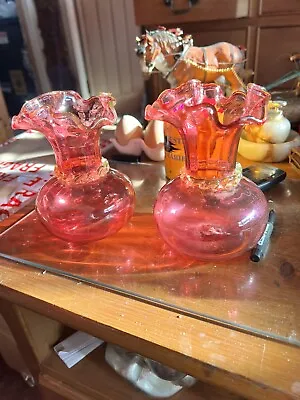 Buy Fenton Crimped Pair Of Cranberry Glass Vases  • 25£
