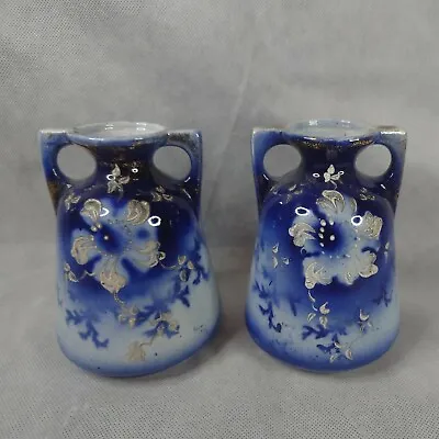 Buy Pair Of Flow Blue Vintage Vases 12cm VGC Blue And White  • 12.50£