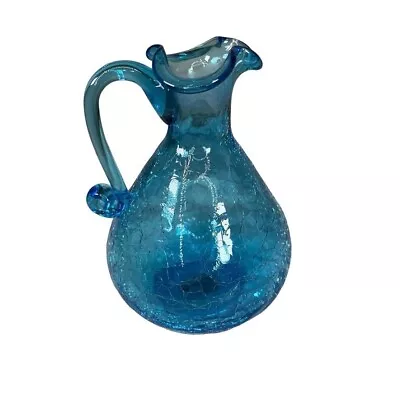 Buy Blue Crackle Glass Pitcher Vase 6 Inches Tall Handle Vintage • 19.18£