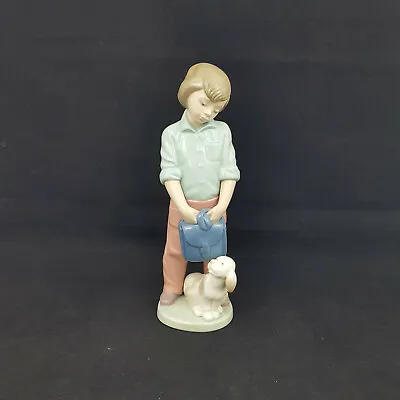 Buy Nao Lladro Boy With Backpack And Dog -very Sligh Chip On Back Of Neck, Restrored • 44£