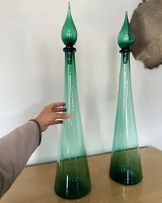 Buy Pair 28” Emerald Green Glass Genie Decanters With Stoppers (Some Damage) • 72.04£