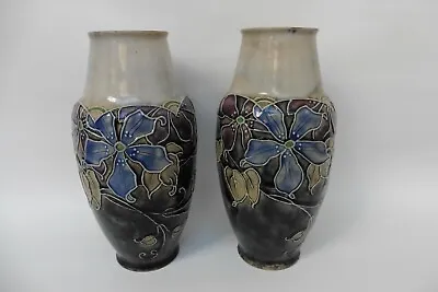 Buy Pair Of Antique Royal Doulton Lambeth Clematis 9 3/4  Vases ~ Bessie Newberry • 84.95£