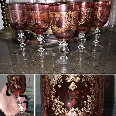 Buy 👀Antique PAIR MOSER CZECH Ruby WINE Glasses NEEDLE Engraved Gilded Knop Stem 7” • 150£
