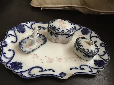 Buy Antique Victorian Flow Blue China Dressing Table Set • 8.99£
