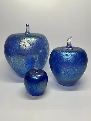 Buy Heron Glass Blue Iridescent Apples Set Of Three Large Medium & Small • 24.99£
