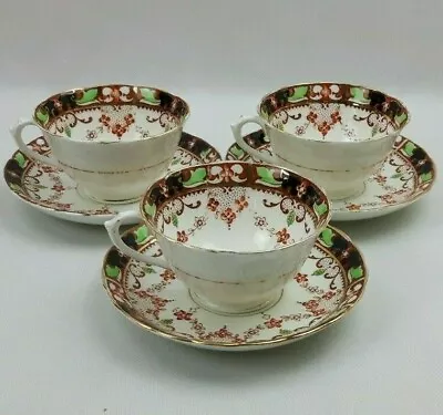 Buy Antique Tuscan 3x Bone China Imari Tea Cups & Saucers - Hand Coloured Floral VGC • 25£