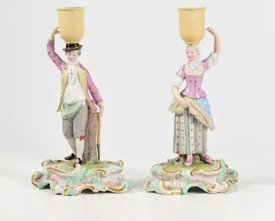 Buy Antique Authentic Meissen Dresden Porcelain Figural Pair Candlesticks 20.5 Cm • 477£