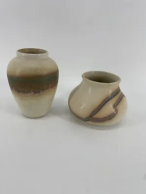 Buy Two SP San Pacific Pottery Drip Glaze Vases Tan Green Brown & Pink • 36.63£