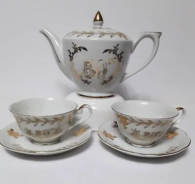 Buy Vintage Lefton 50th Anniversary Teapot,  2 Sets Of Cups/Saucers W/ Gold Accents • 28.82£