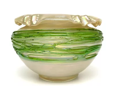 Buy Antique Bohemian Kralik Mother Pearl Iridescent Green Threaded Glass Bowl Vase • 78£