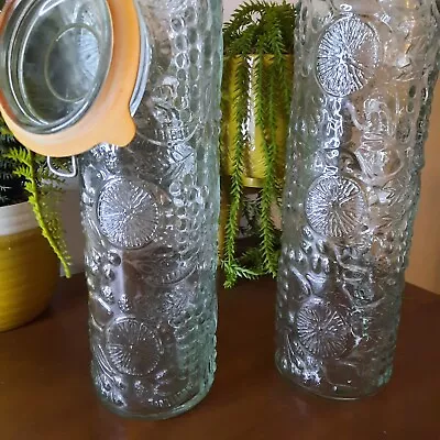 Buy A Pair (2) Tall Vintage Glass Storage Jars / Cannisters, Embossed Fruit Clip Lid • 22£