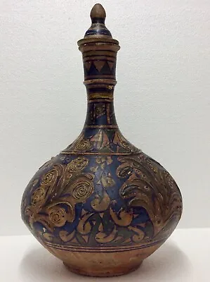 Buy Antique Moroccan  Safi  Embossed Pottery Bottle Form Jug With Lid • 169£