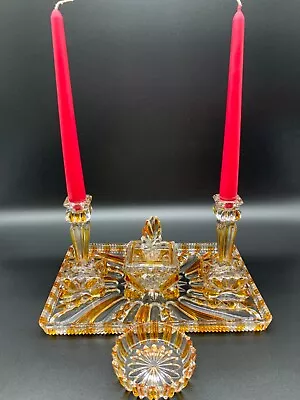 Buy Vintage GLASS SET ESSENTIAL SET Amber And Clear Glass Tray Candles Pot • 177.77£