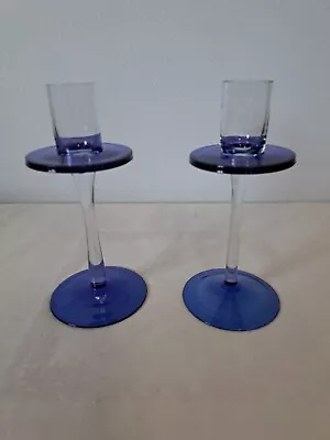 Buy Vintage Blue Glass Candle Holders Pedistal Matching Clear Stem • 15.18£