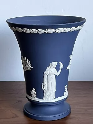 Buy Vintage Wedgwood Portland Blue Jasperware Trumpet Vase 15cm High • 15.95£