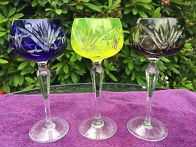 Buy Vintage Bohemian Colour Flash Cut Crystal Hock Wine Glass X 3 Glasses 19.5 Cm H • 95£