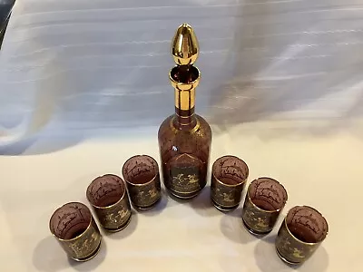 Buy Vintage Murano Gold Trimmed Amethyst Glass Decanter Set 6 Glass Tumblers • 53.08£